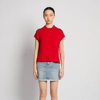 Women Cable Knit Polo Top - Red - SW2512230A