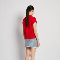 Women Cable Knit Polo Top - Red - SW2512230A