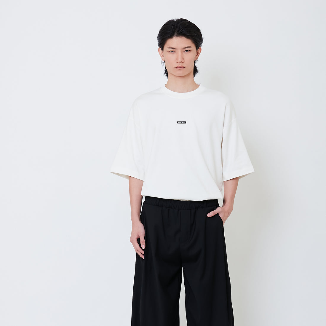 Men Wide Leg Long Pleated Pants - Black - SM2410201B