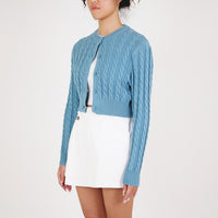 Women Cable Knit Cropped Cardigan - Turquoise - SW2209527D