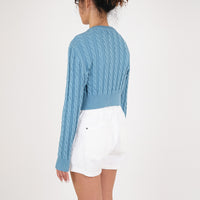 Women Cable Knit Cropped Cardigan - Turquoise - SW2209527D