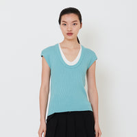 Women Contrast Rib Knit Top - Turquoise - SW2501012C