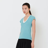 Women Contrast Rib Knit Top - Turquoise - SW2501012C