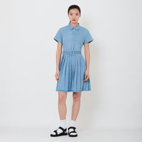 Women Pleated Short Dress - Light Blue - SW2501029A