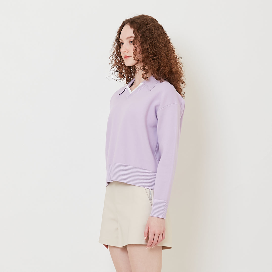 Women Contrast Polo Sweater - Purple - SW2508126B