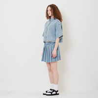 Women Pleated Denim Skirt - Light Blue - SW2509150A