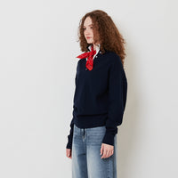 Women Double Collar Knit Top - Navy - SW2511184B