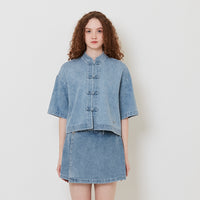 Women Mandarin Collar Blouse - Light Blue - SW2512244A