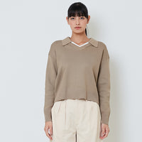 Women Contrast Polo Sweater - Khaki - SW2601014B