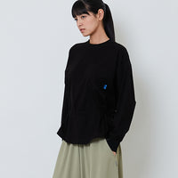 Women Drawstring Long Sleeve Top - Black - SW2603072B