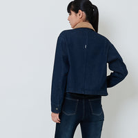 Women Corduroy Collar Denim Jacket - Blue - SW2603084A