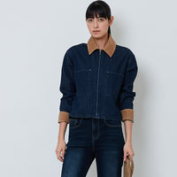 Women Corduroy Collar Denim Jacket - Blue - SW2603084A