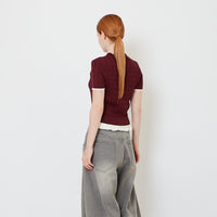 Women Cropped Cable Knit Top with Ruffles - Wine - SW2608156C