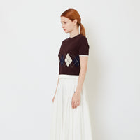 Women Cropped Argyle Knit Top with Ruffles - Dark Brown - SW2608157A