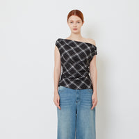 Women Checkered Off Shoulder Top - Black - SW2609249A