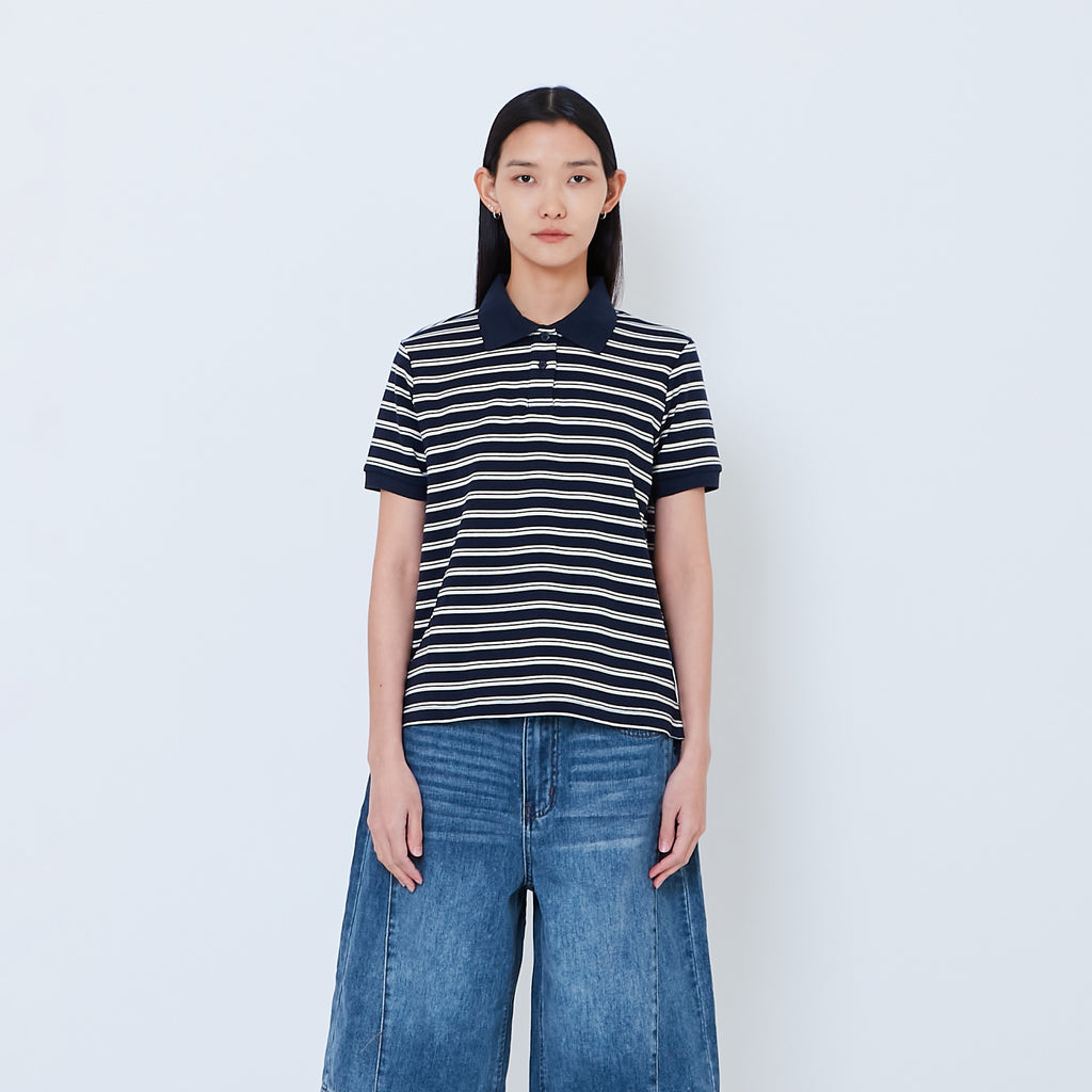 Women Striped Polo Top - Navy - SW2603071B