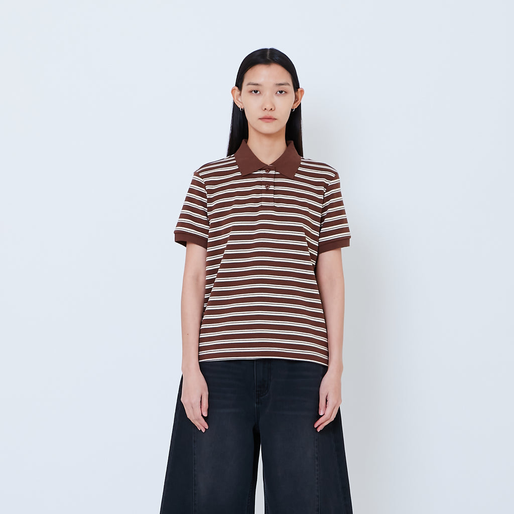 Women Striped Polo Top - Brown - SW2603071A
