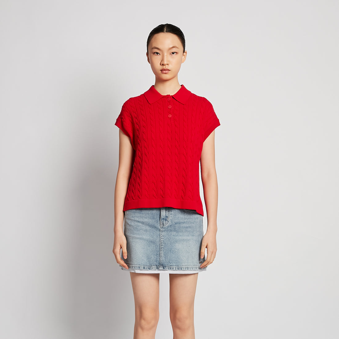 Women Cable Knit Polo Top - Red - SW2512230A