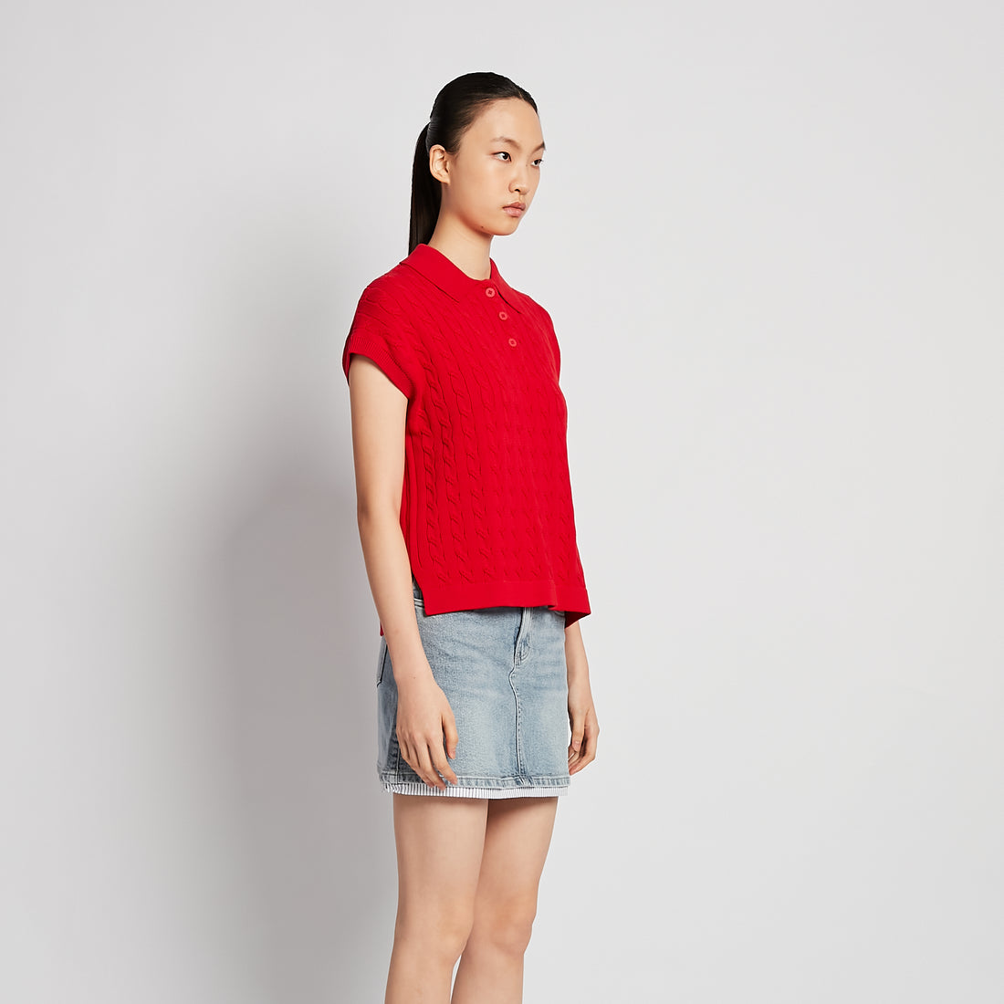 Women Cable Knit Polo Top - Red - SW2512230A