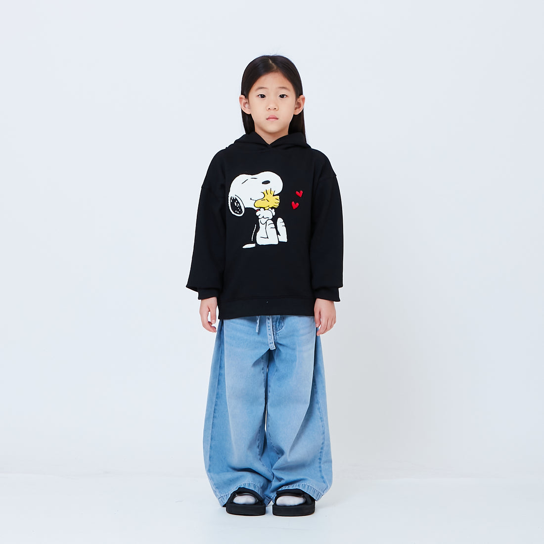 Peanuts Kids Embroidery Oversized Hoodie - Black - PK2605009B