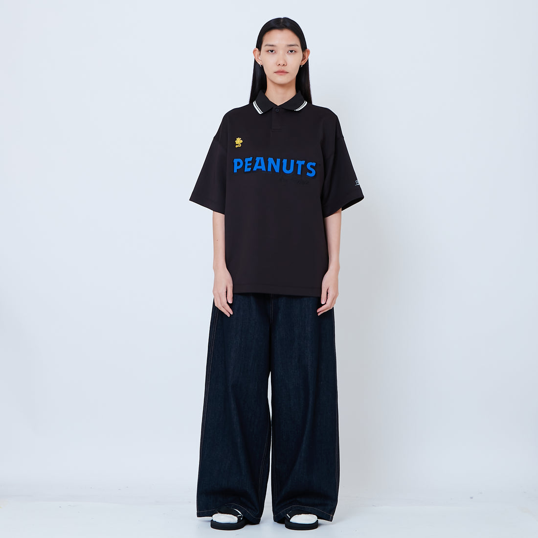 Peanuts Gender Neutral Printed Oversized Jersey Polo Tee - Black - PU2605004B