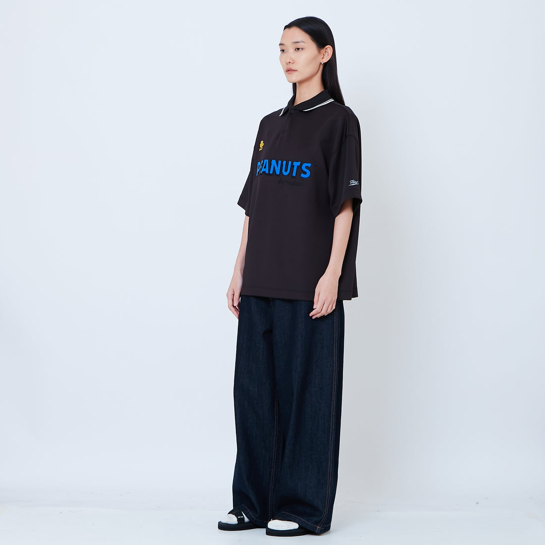 Peanuts Gender Neutral Printed Oversized Jersey Polo Tee - Black - PU2605004B