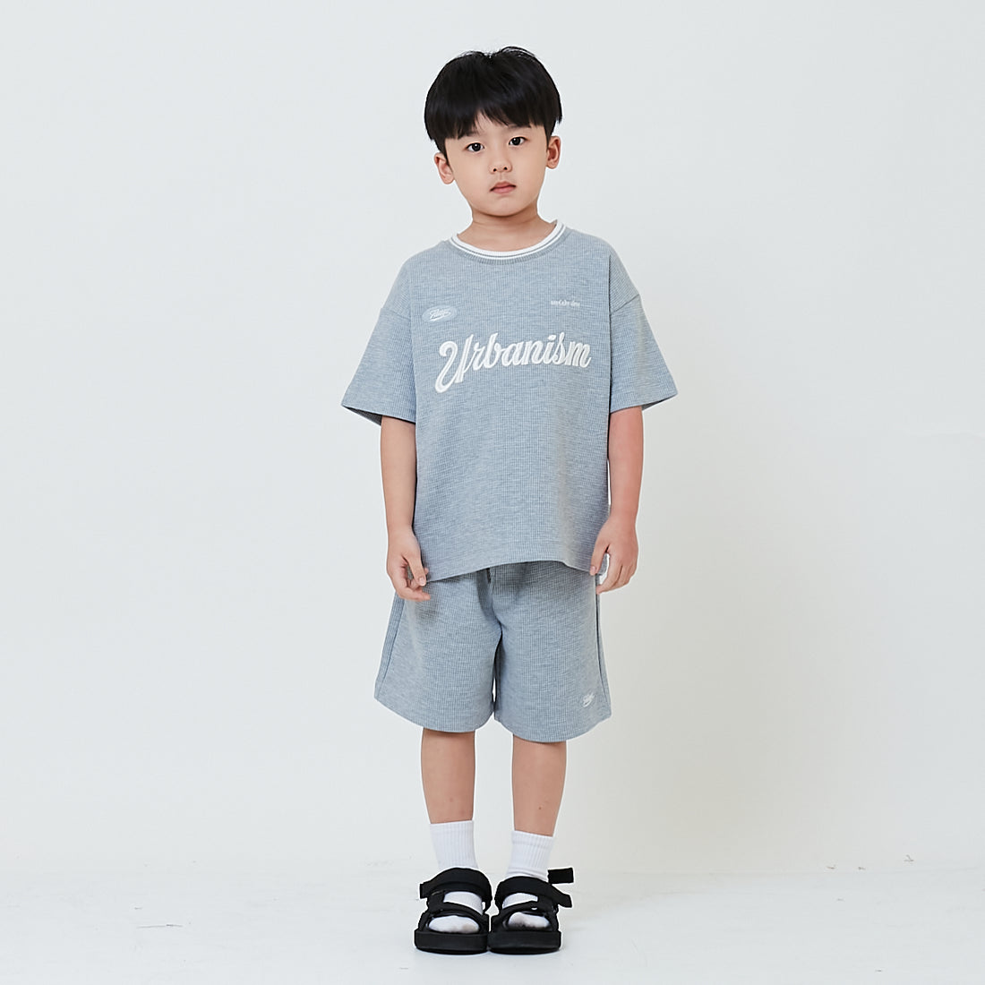 Boy Waffle Knit Embroidery Shorts - Melange Grey - SB2602023B