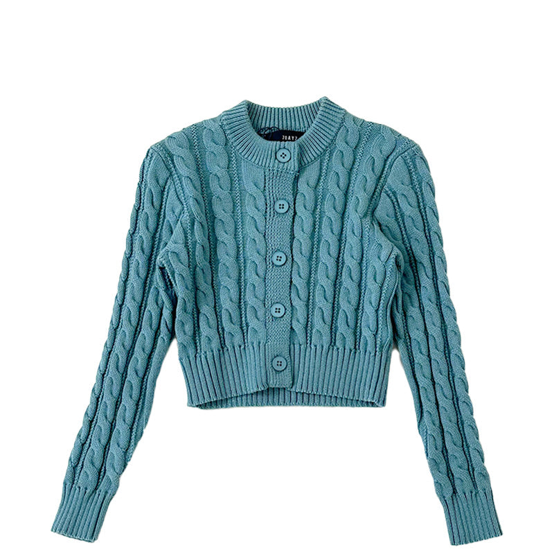 Girl Cable Knit Cropped Cardigan - Turquoise - SG2212139C