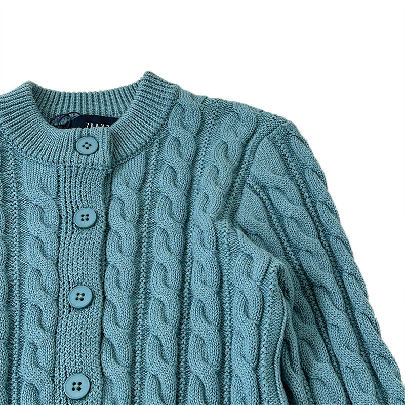 Girl Cable Knit Cropped Cardigan - Turquoise - SG2212139C