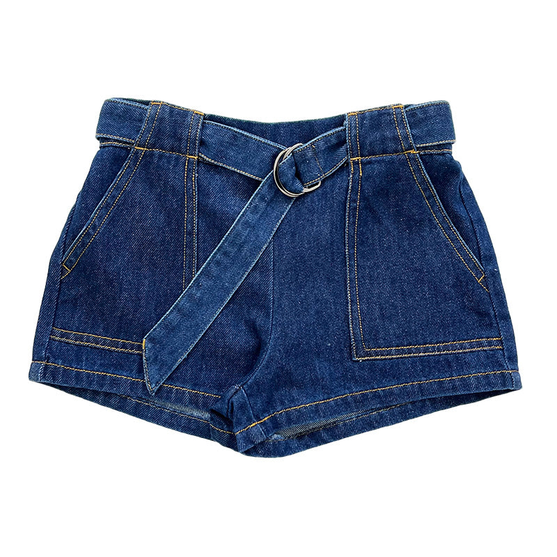 Girl Elastic Waist Shorts With Belt - Blue - SG2310083B