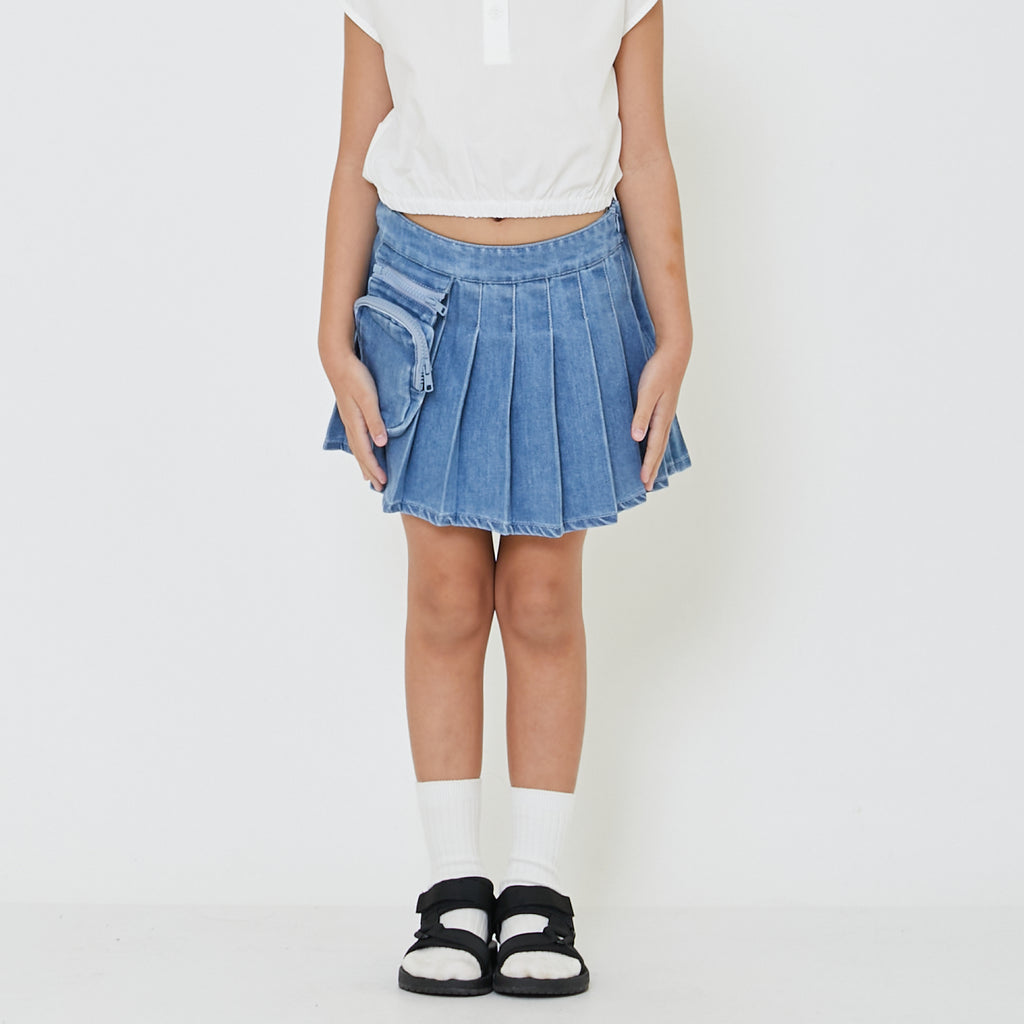 Girl Pleated Denim Skirt - Light Blue - SG2403040A