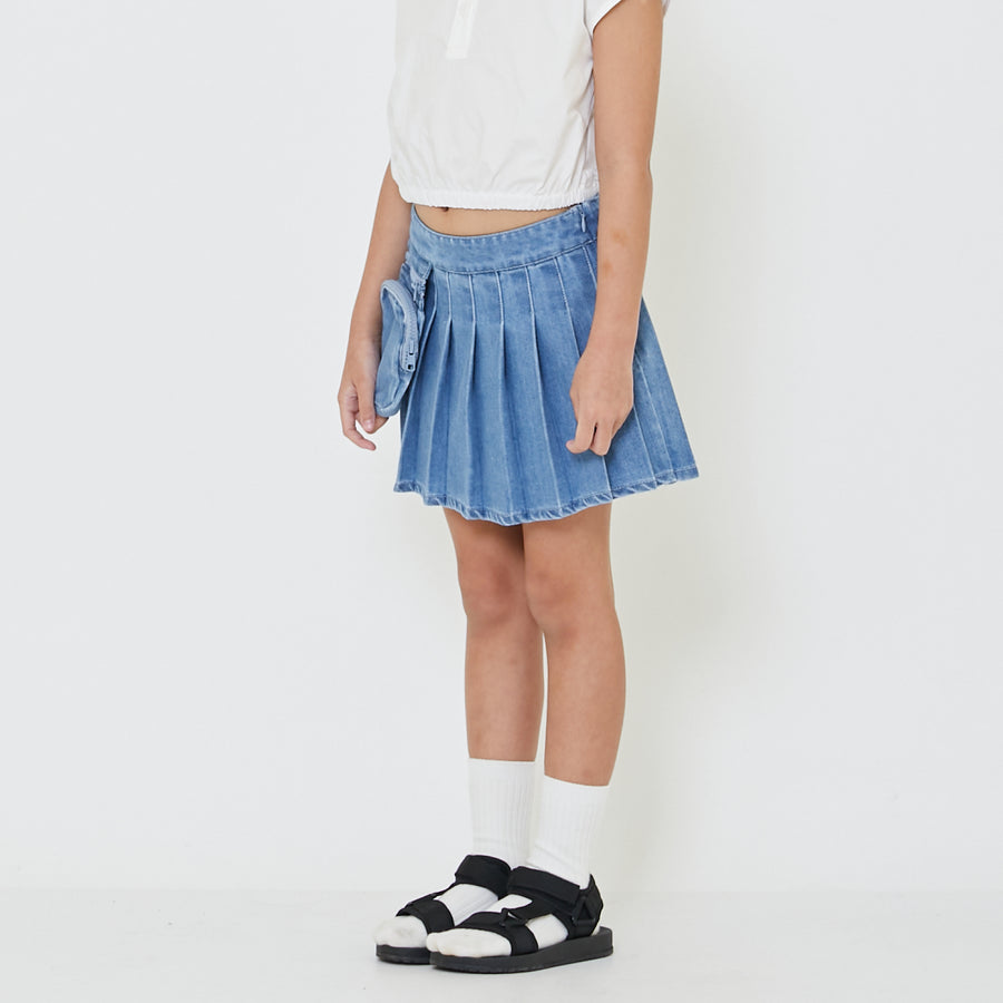 Girl Pleated Denim Skirt - Light Blue - SG2403040A