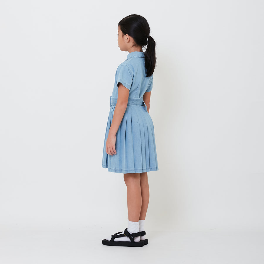 Girl Pleated Short Dress - Light Blue - SG2501013A