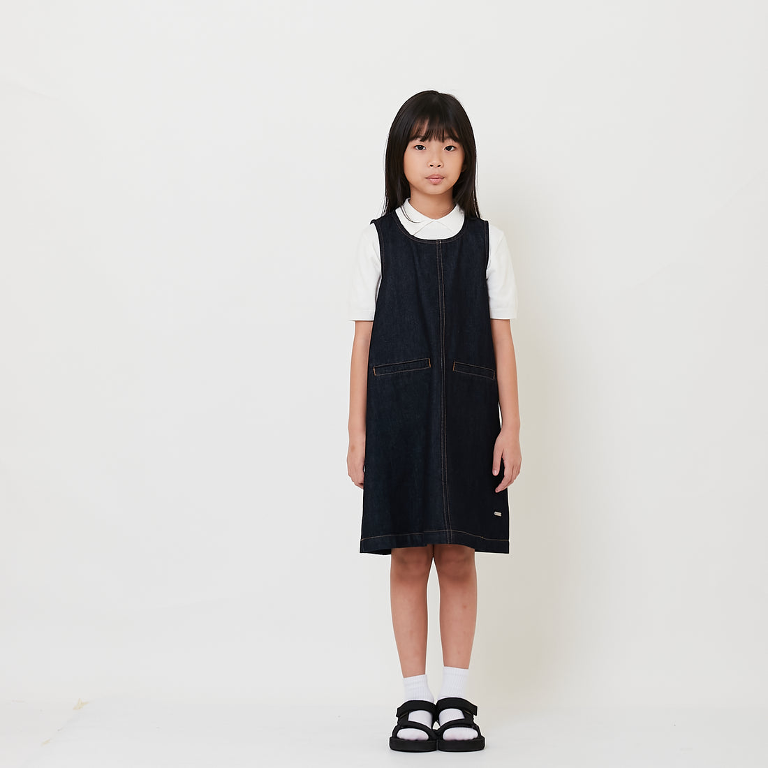 Girl Denim Short Dress with Scarf - Navy - SG2508071A