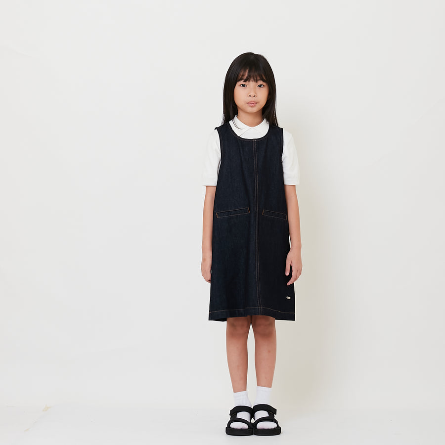 Girl Denim Short Dress with Scarf - Navy - SG2508071A