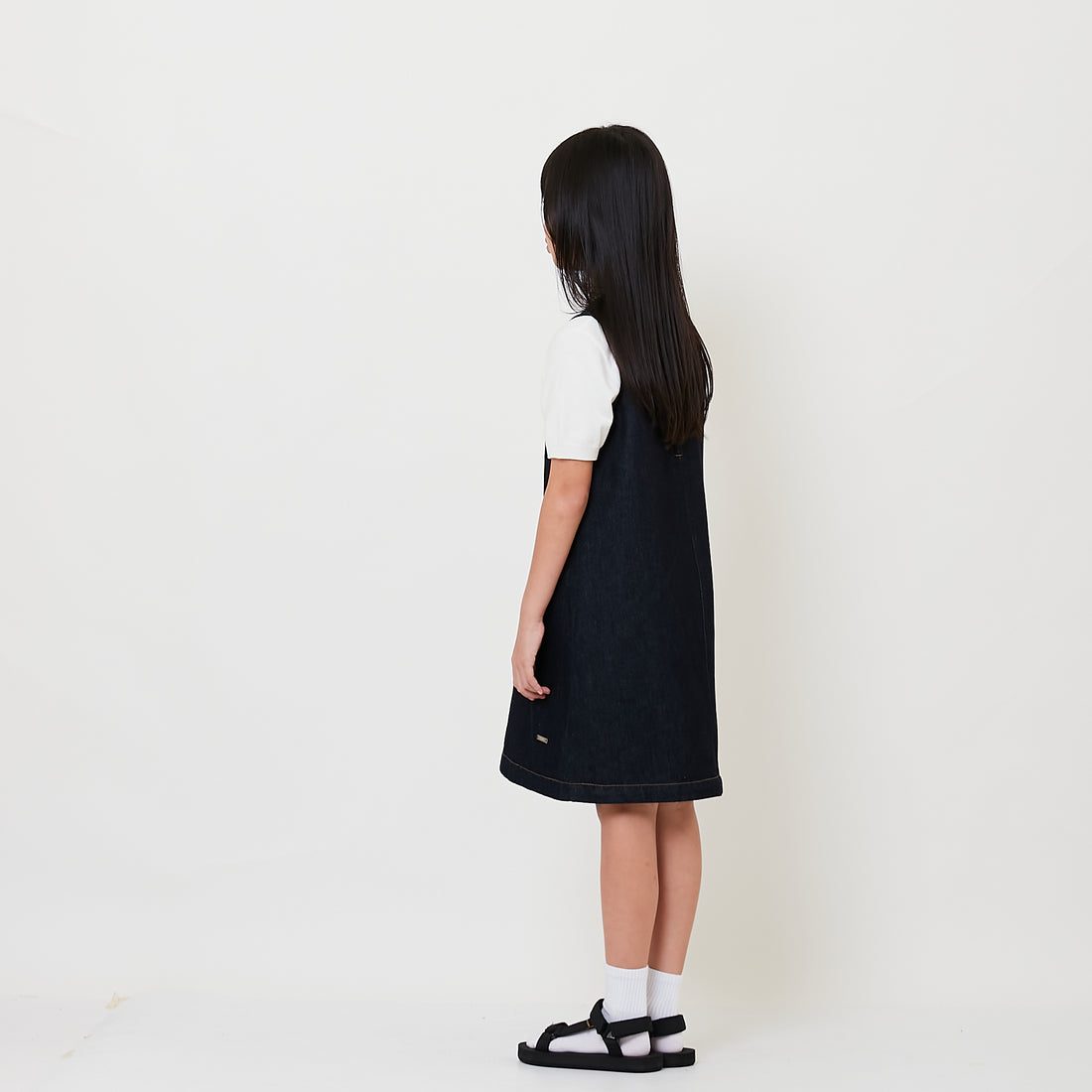 Girl Denim Short Dress with Scarf - Navy - SG2508071A