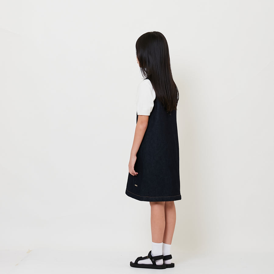 Girl Denim Short Dress with Scarf - Navy - SG2508071A