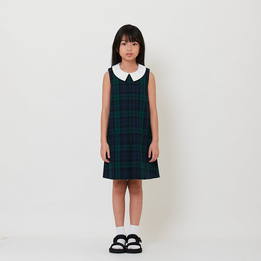 Girl Detachable Collar Plaid Dress - Dark Green - SG2510090A