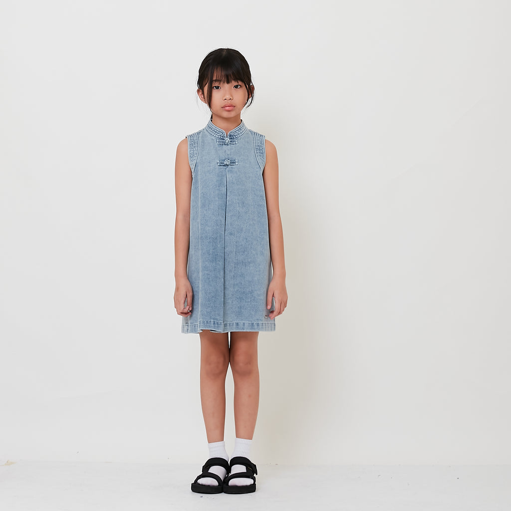 Girl Mandarin Collar Dress - Light Blue - SG2512127A