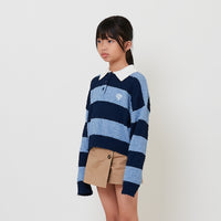 Girl Striped Embroidery Polo Knit Top - Light Blue - SG2512129A