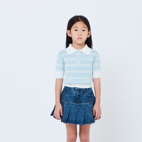 Girl Striped Polo Knit Top - Light Blue - SG2603030A