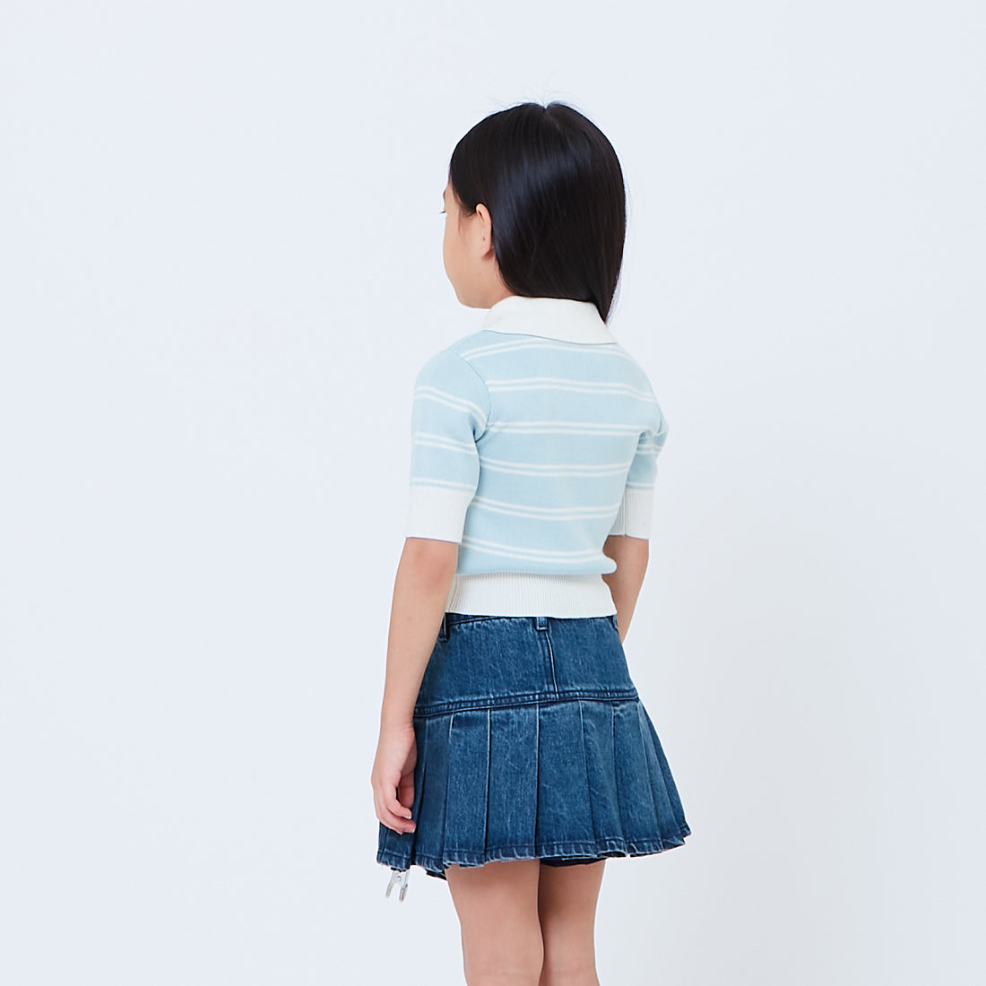 Girl Striped Polo Knit Top - Light Blue - SG2603030A