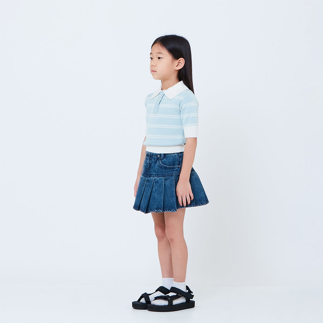 Girl Pleated Denim Skirt - Blue - SG2603033A