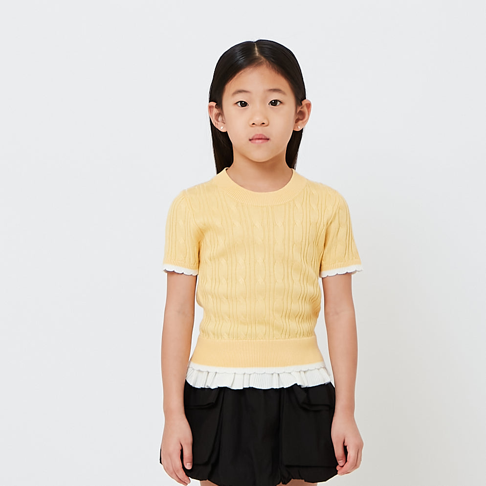 Girl Cropped Cable Knit Top with Ruffles - SG2608063