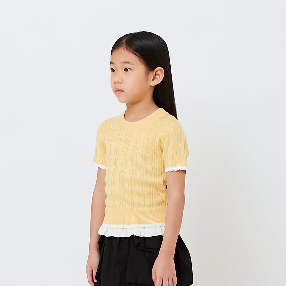 Girl Cropped Cable Knit Top with Ruffles - SG2608063