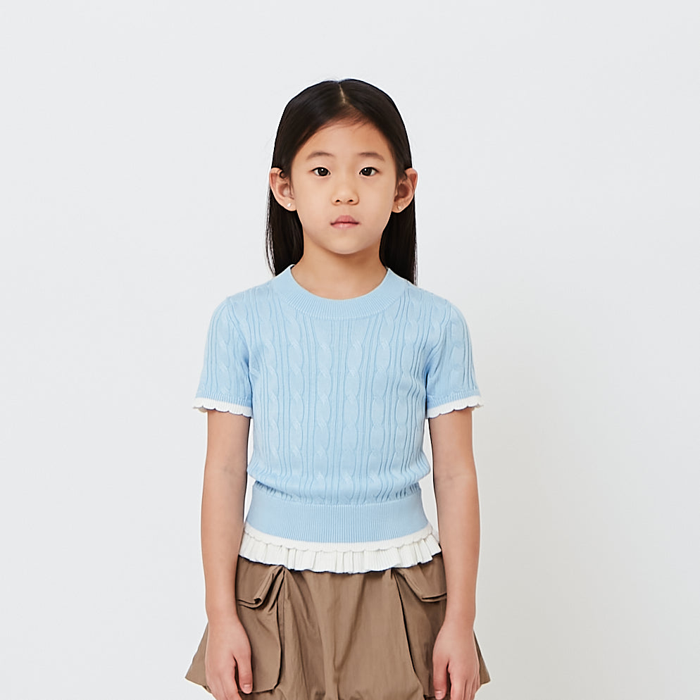 Girl Cropped Cable Knit Top with Ruffles - SG2608063