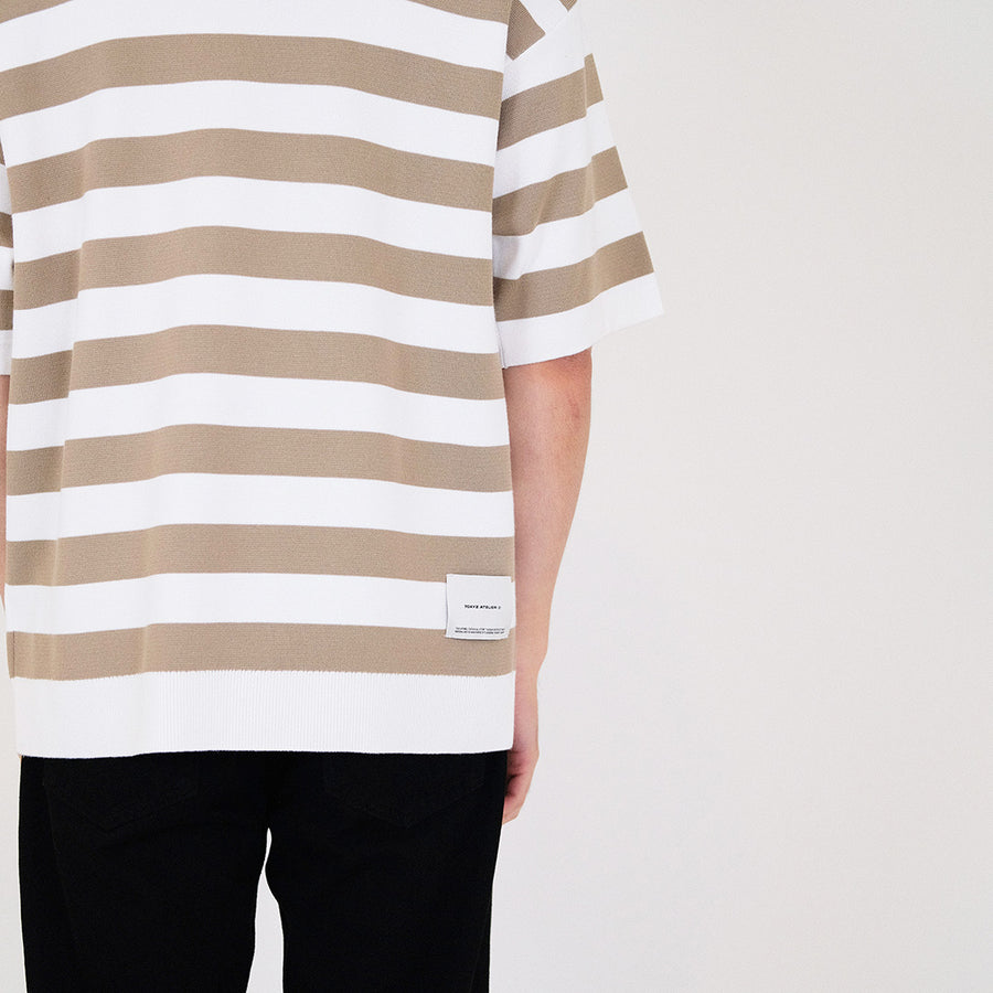Men Oversized Stripe Polo Sweater - Latte - SM2311162A