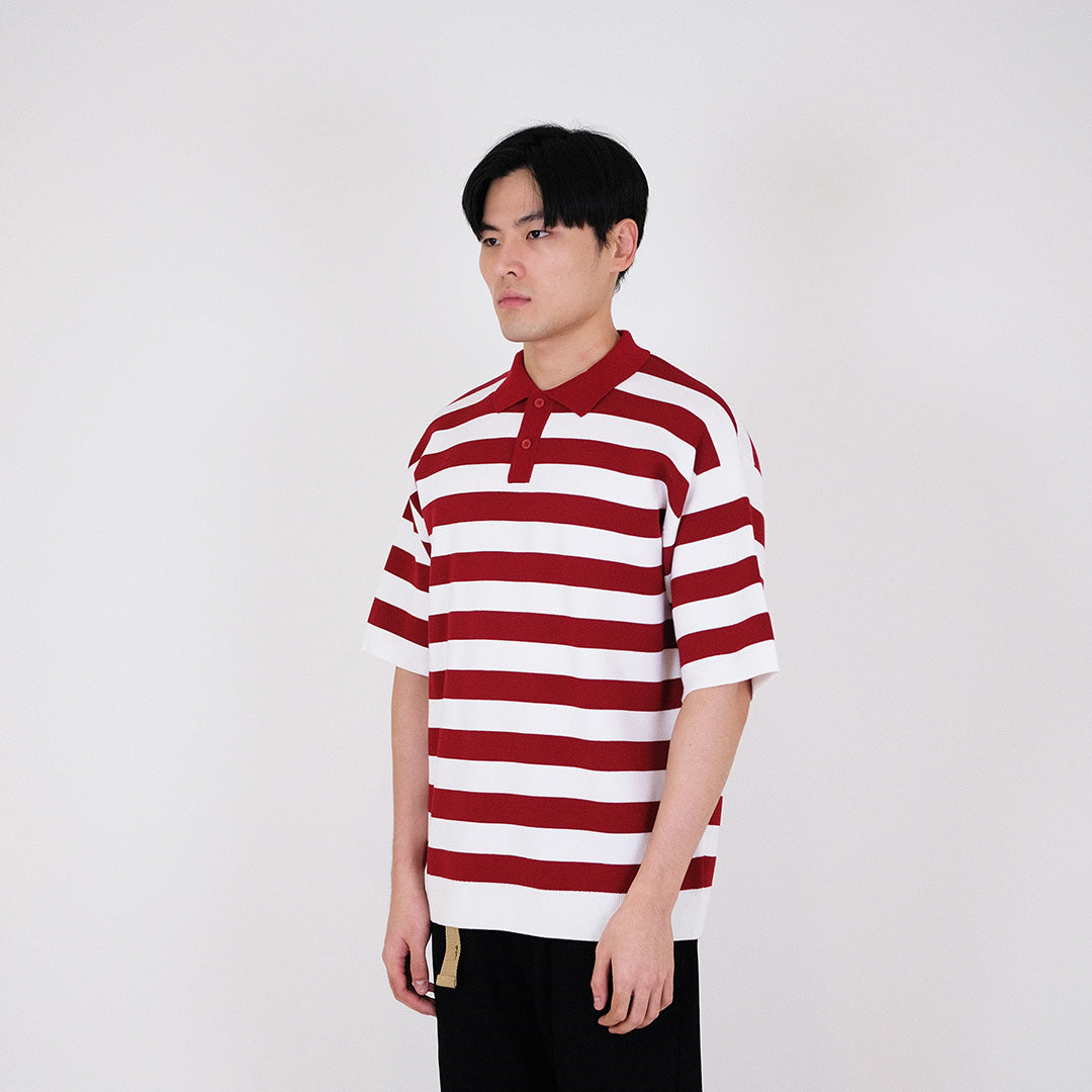 Men Oversized Stripe Polo Sweater - Dark Red - SM2311162B