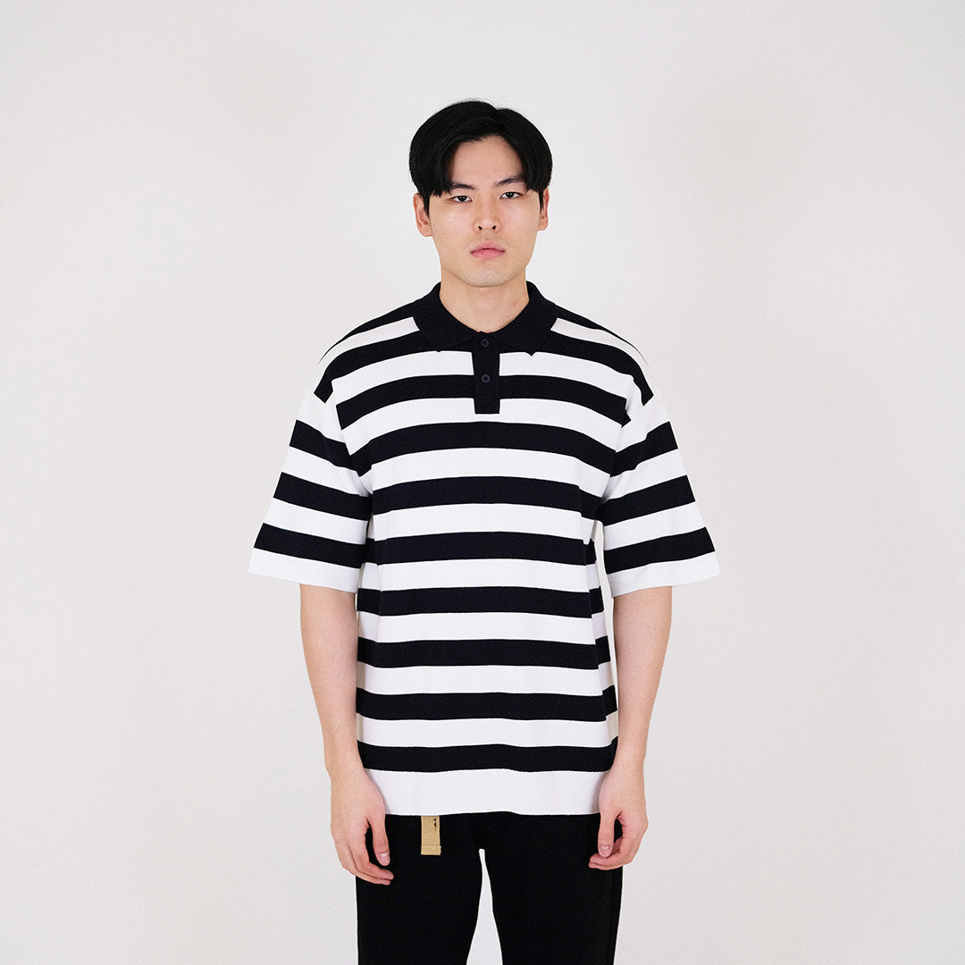 Men Oversized Stripe Polo Sweater - Navy - SM2311162C