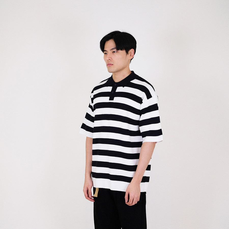 Men Oversized Stripe Polo Sweater - Navy - SM2311197Z